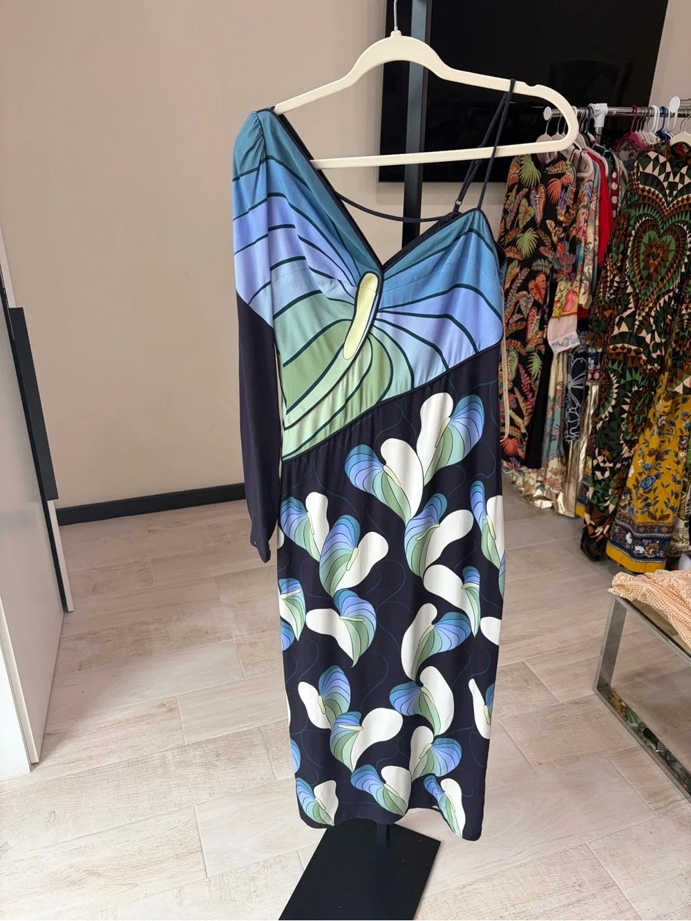 Farm Rio , Black Lovely Anthurium One-Shoulder Maxi Dress